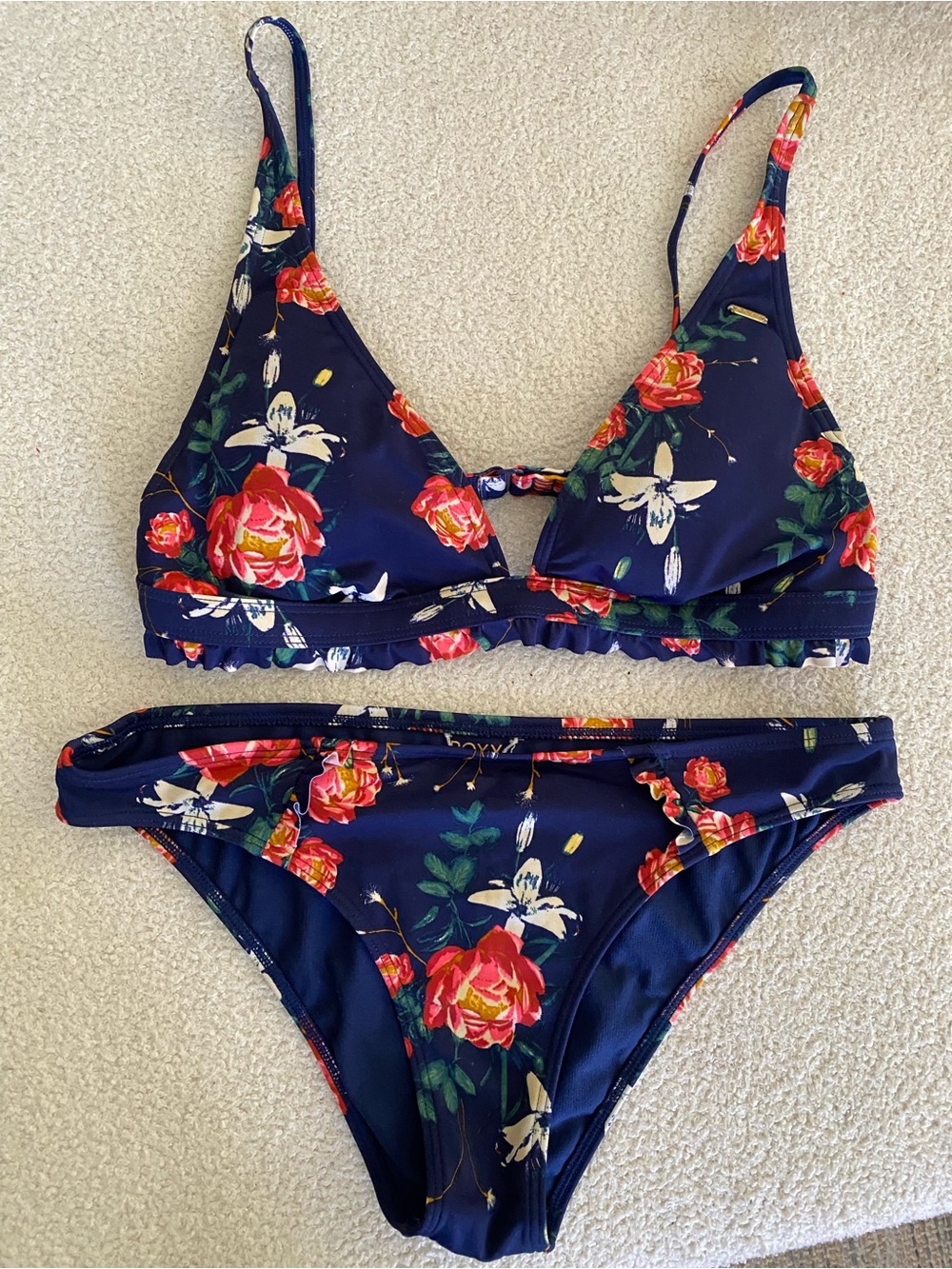 Roxy Navy Floral beach Bikini with Pink and Yellow Accents